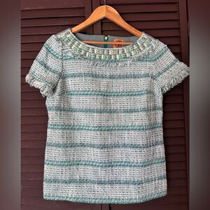 Tory Burch Textured Knit Short-Sleeve Top in White and Teal Size 8 NWT